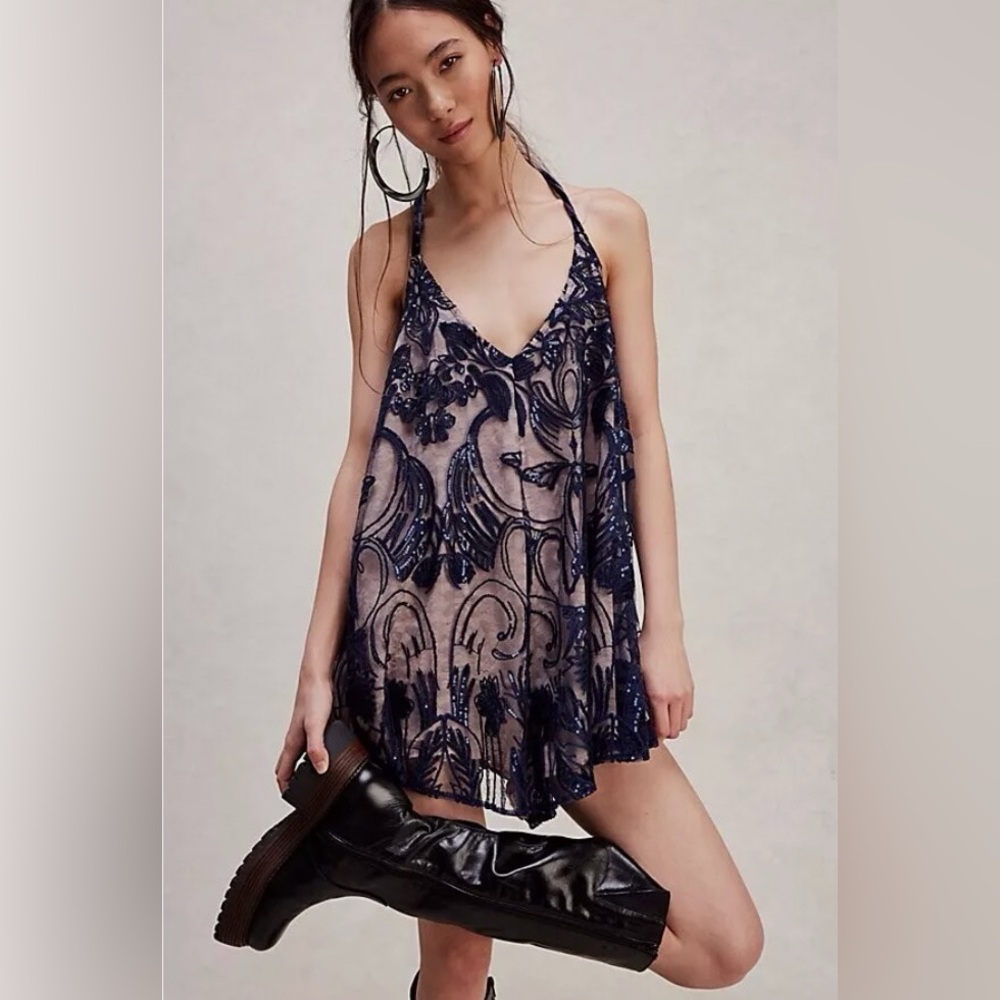 Free People Navy Embroidered Halter Romper